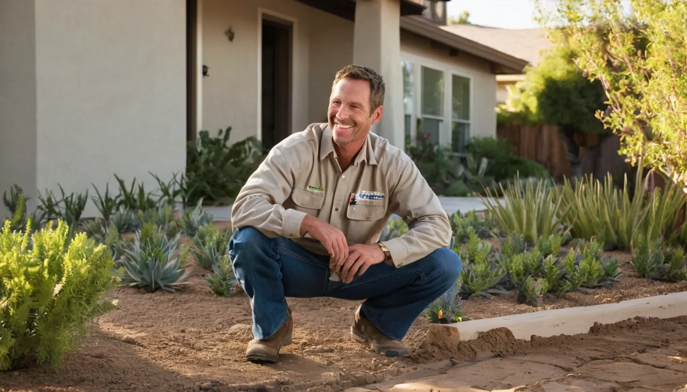 A friendly pest control provider talking with a homeowner at the door of a stucco ranch home in Fremont